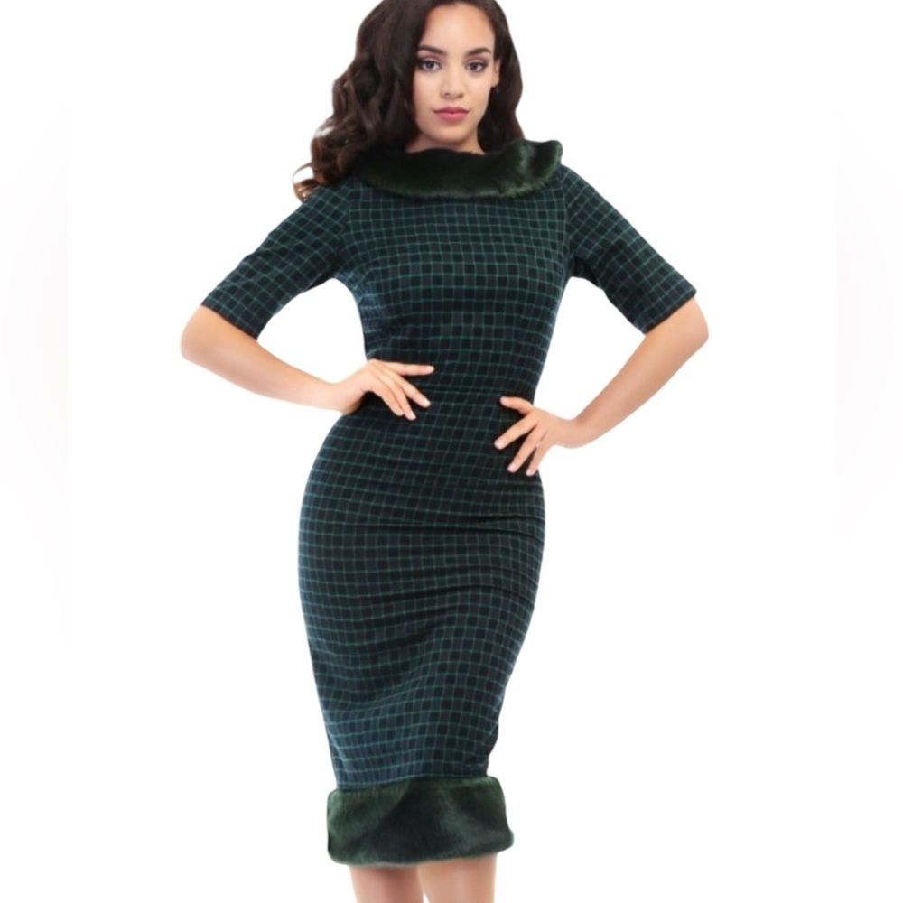 Collectif Green Check Midi Dress with Faux Fur Trim
